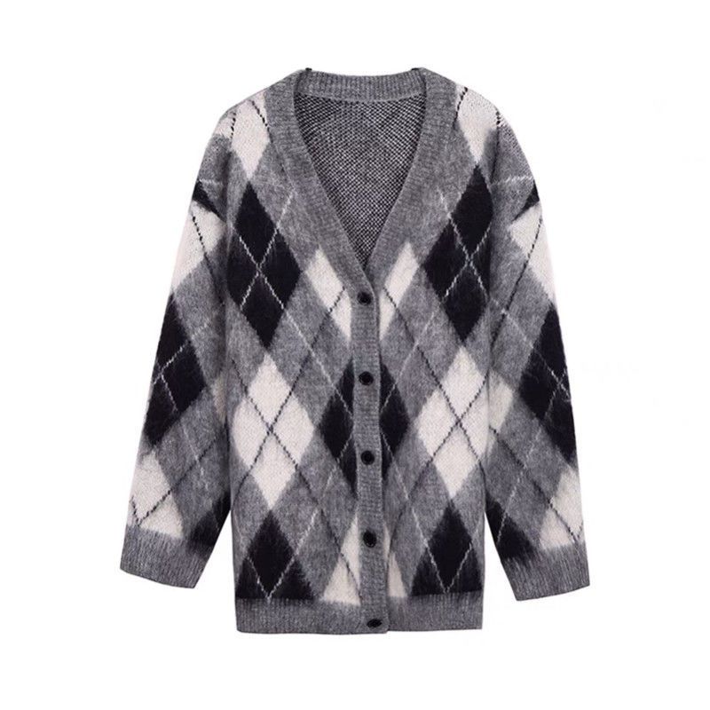 Cardigan de toamnă/iarnă, cu carouri cu diamante, pulover cu contrast, cu decolteu în V, largi, lungime mijlocie, tricotată, pulover pentru femei, haină pentru femei