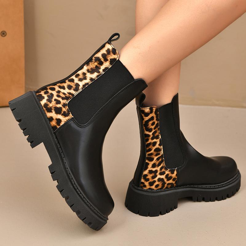 Fashion Fashion Leopard Print Platform Chelsea Boots Women Slip On Plus Size Thick Sole Ankle Boots Woman Pu Leather Short Booties Mujer