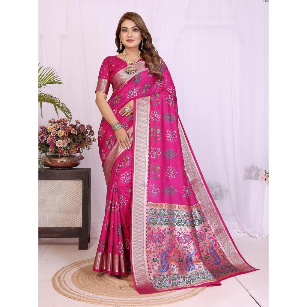 Handpicked Lite Weight Soft Dola Silk Bandhej Khadi Print Saree – a perfect fusion of tradition & vibrant elegance