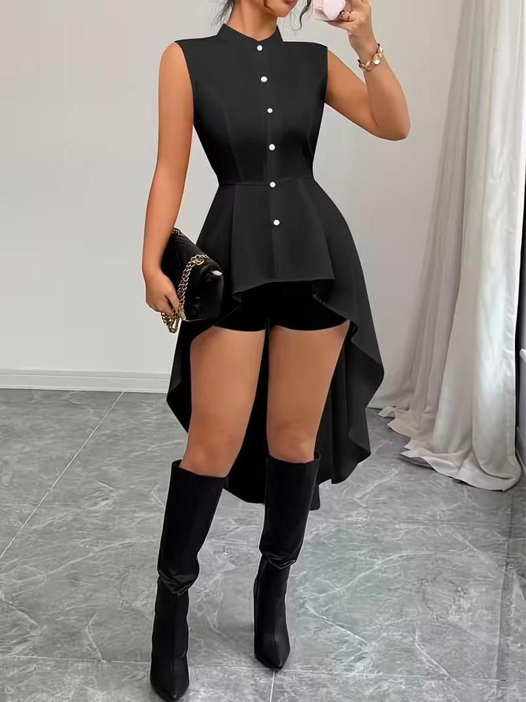 Women's Stand Collar Sleeveless High-Low Hem Shirt with Cinched Waist