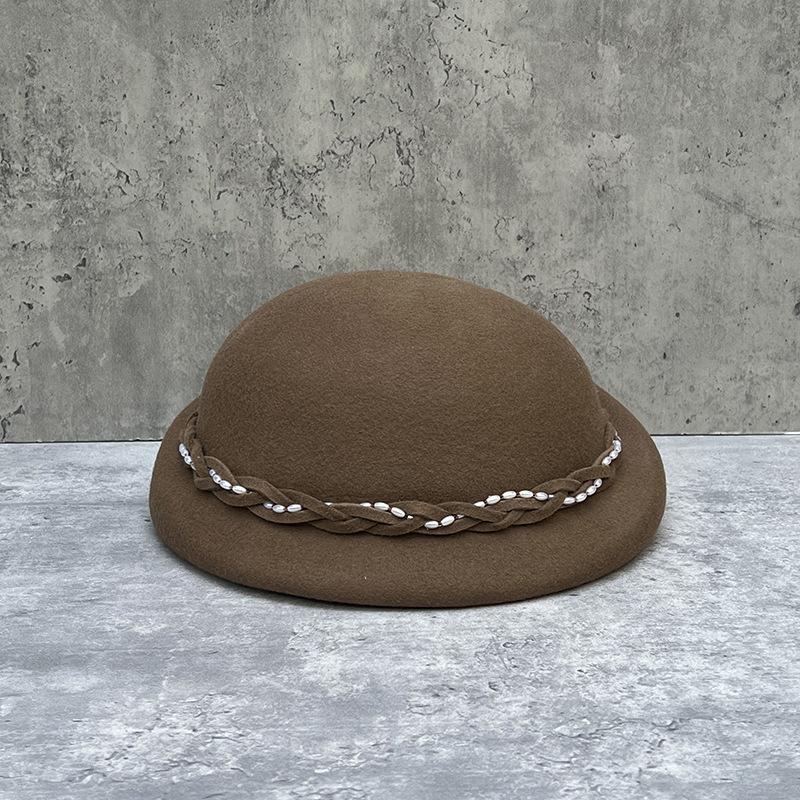 

Temperament Sweet Bead Chain Bridal Stewardess Hat Women S Crimped Beret Versatile British Retro Bowler Hat M（56-58cm）