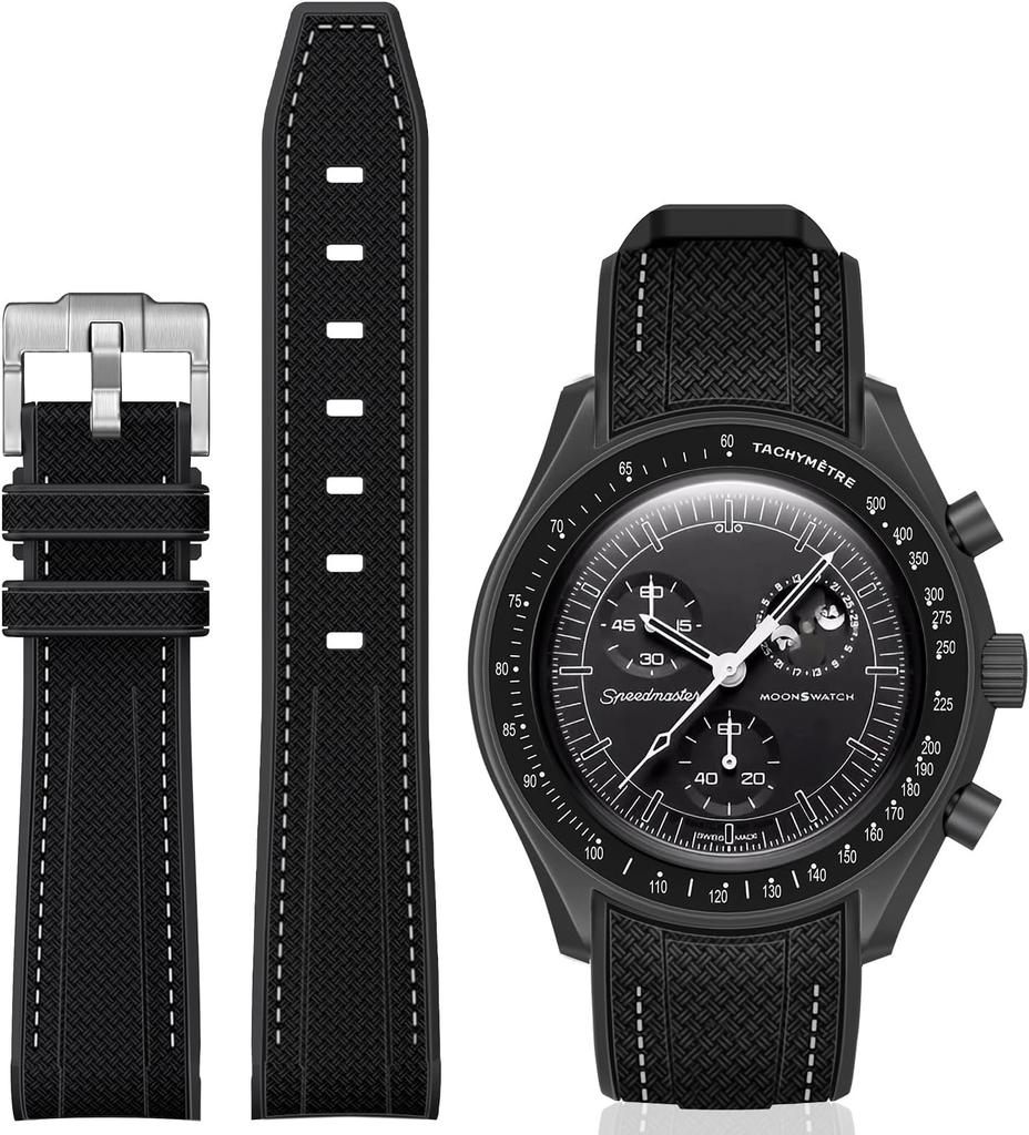 Jumpsunfun 20mm Watch Band for Omega and Silicone Strap with Quick Release Replacement Black and White Stitching X, Swatch, Speedmaster, MoonSwatch,