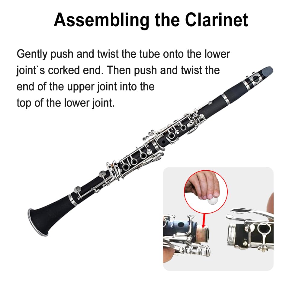 WUQIMUSC Beginner Clarinet, Bb Key, for Students and Adults, Ebonite Wood, Nickel Plated Keys, 2 Barrels, Reed, Accessories (Bb Key Clarinet)