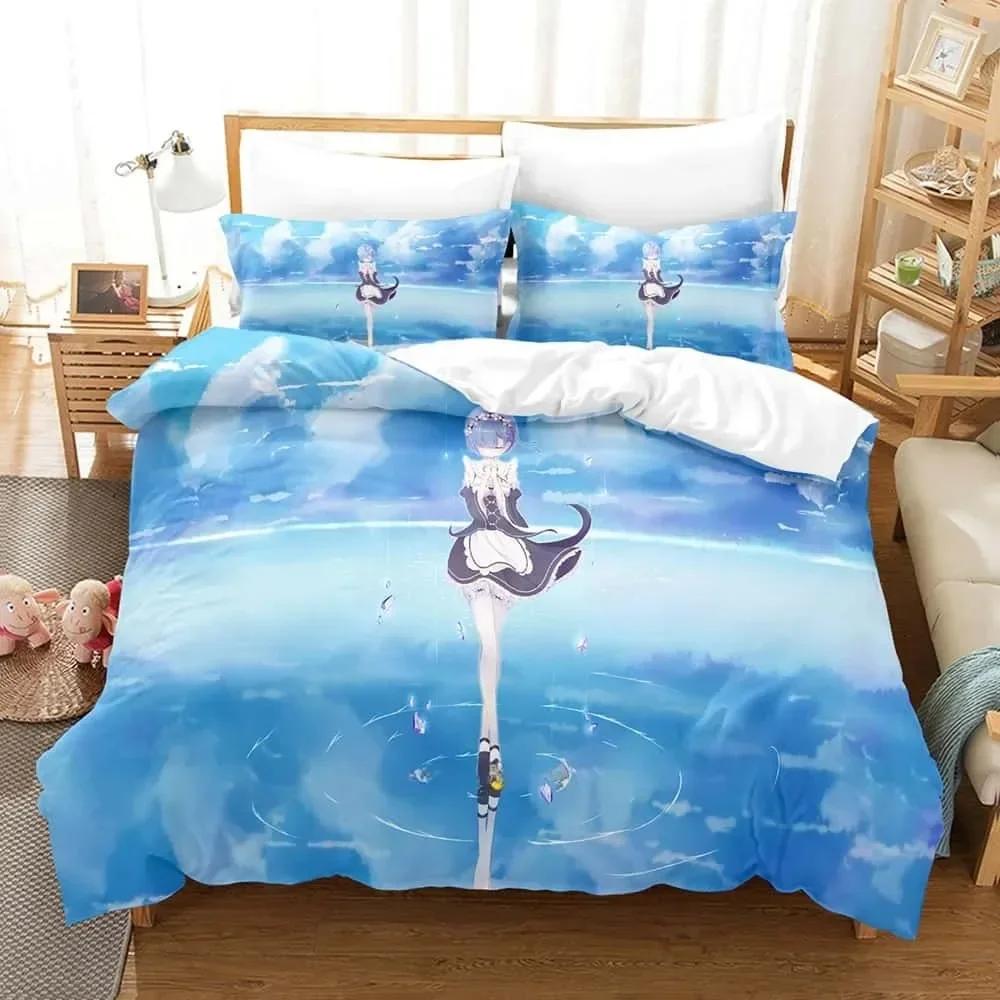 Anime ReZERO -Starting Life in Another World Bedding Set Printed Bed Set With Pillowcase Duvet Cover Soft Queen Super King Size