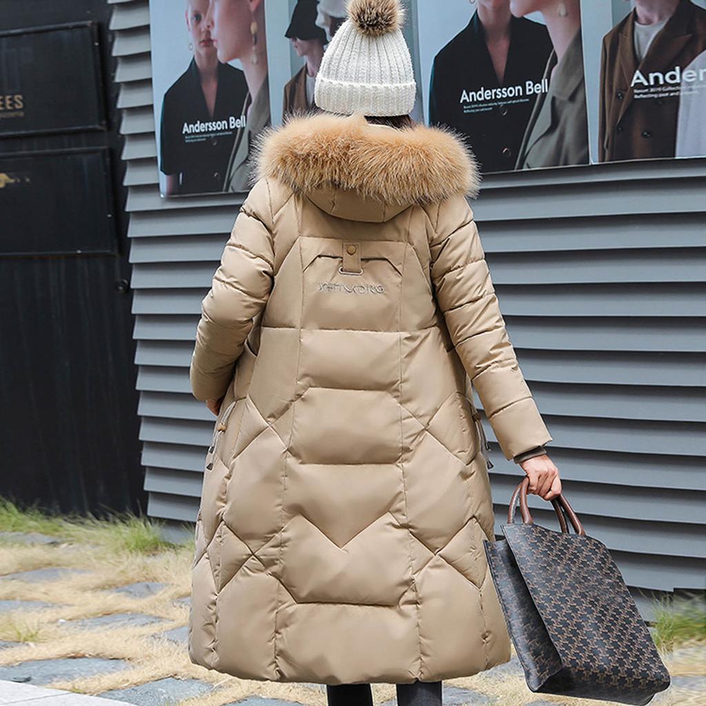 Womens Winter Jacket Warm Overcoat Slim Fur-Hooded Zipper Thicker Coat Outwear