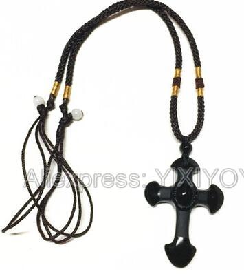 Natural Black Obsidian Carved Cross Lucky Pendant + Beads Necklace for Woman Man Crystal Jade Charm Gift Jewelry