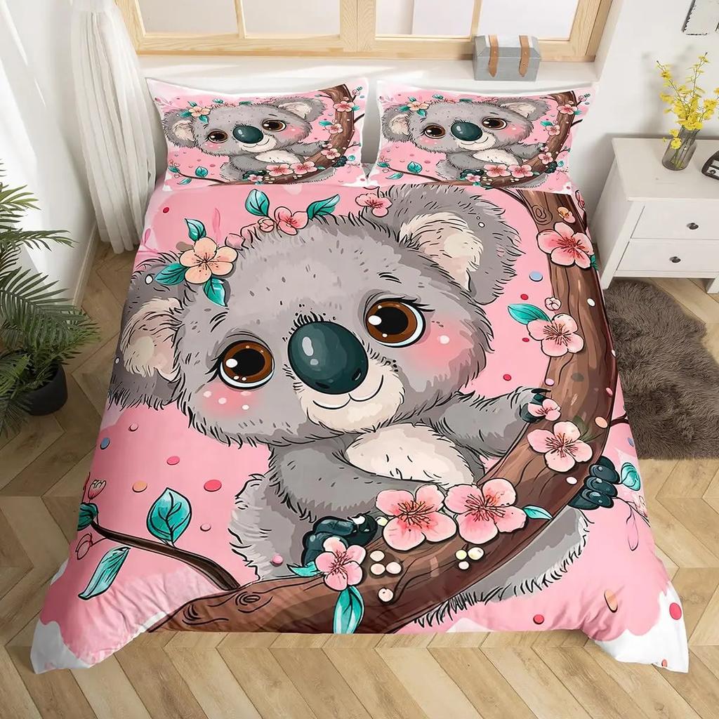 Urocza Poszwa na Kołdrę Koala Rozmiar Twin, Różowy Zestaw Pościeli z Balonem na Gorące Powietrze, Akwarelowy Kwiatowy Zwierzęcy Pokrowiec na Kołdrę, Kreskówkowy Pokrowiec na Kołdrę