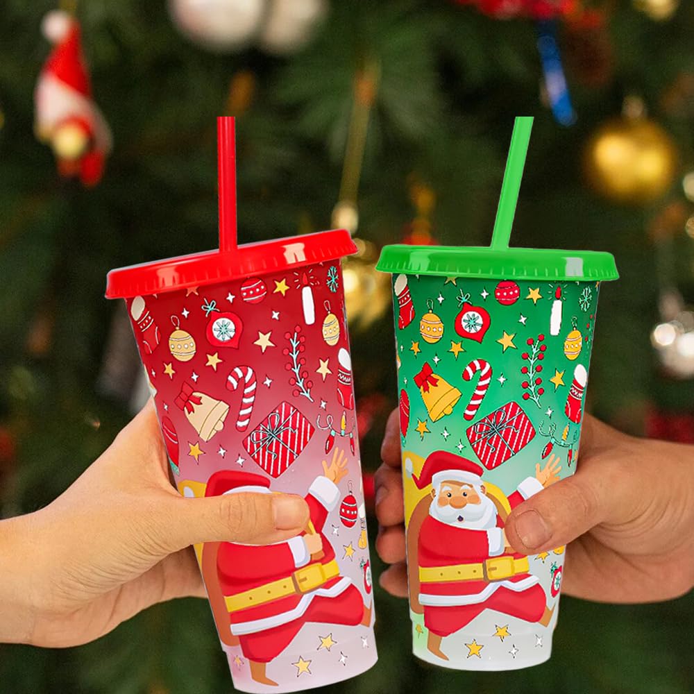 Christmas Color Changing Cups with Lids and Straws Bulk,Christmas Cups Include Spill Resistant Straw Water Iced Coffee or Tea