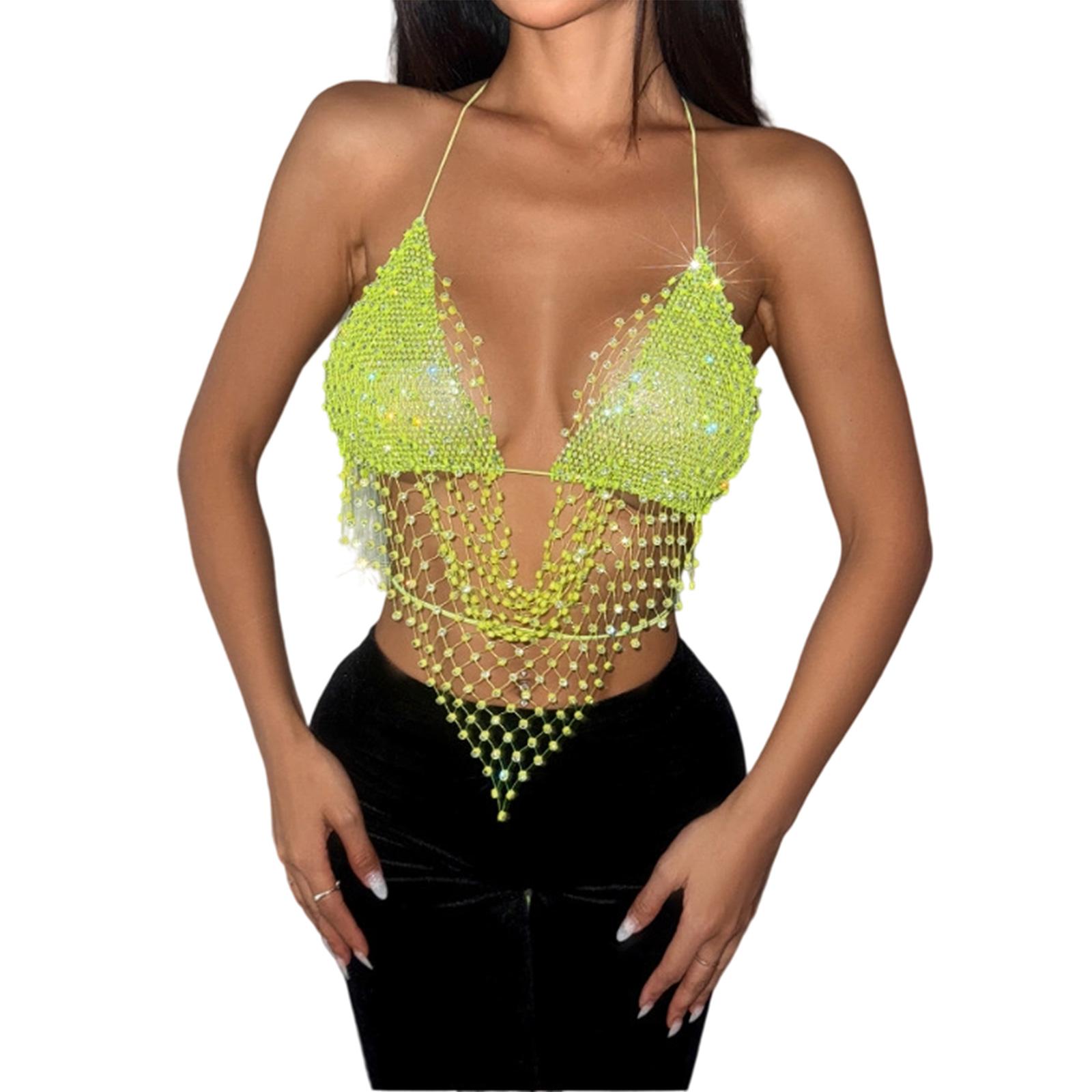 Shines Fishnet Mesh Bra Crop Top Raves Outfit See Through Camisole Tops Women s Glitter Rhinestones Halter Tank Top L флуоресцентный зеленый