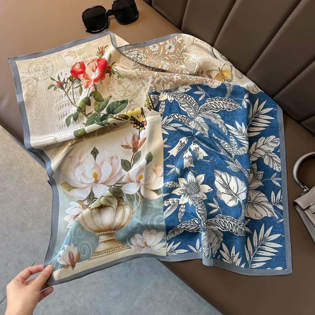 Retro Old Money Wind Silk Double Crepe Silk Scarf Women's Spring and Summer Senior Sense Versatile 100% Mulberry Silk Square Scarf Thin Scarf