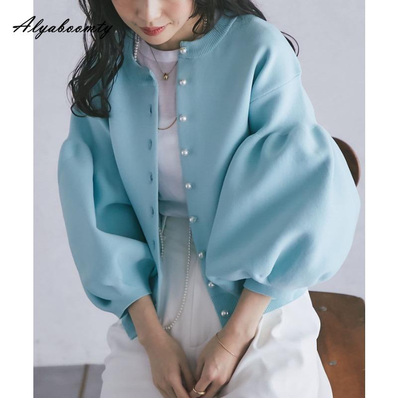 

Корейский Ульцзанг Осень Зима Женский Свитер Синий Розовый Черный Абрикосовый Вязаный Кардиган Вязаный Рукав Фонарик Стильная Верхняя Одежда One Size синий