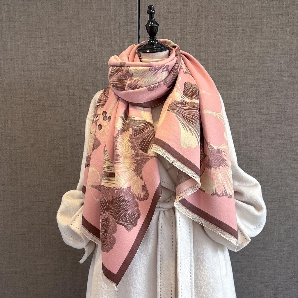 Autumn and Winter New Ginkgo Biloba Jacquard Imitation Cashmere Scarf Women's Thickened Warm Neck Protection with Dual-purpose Scarf