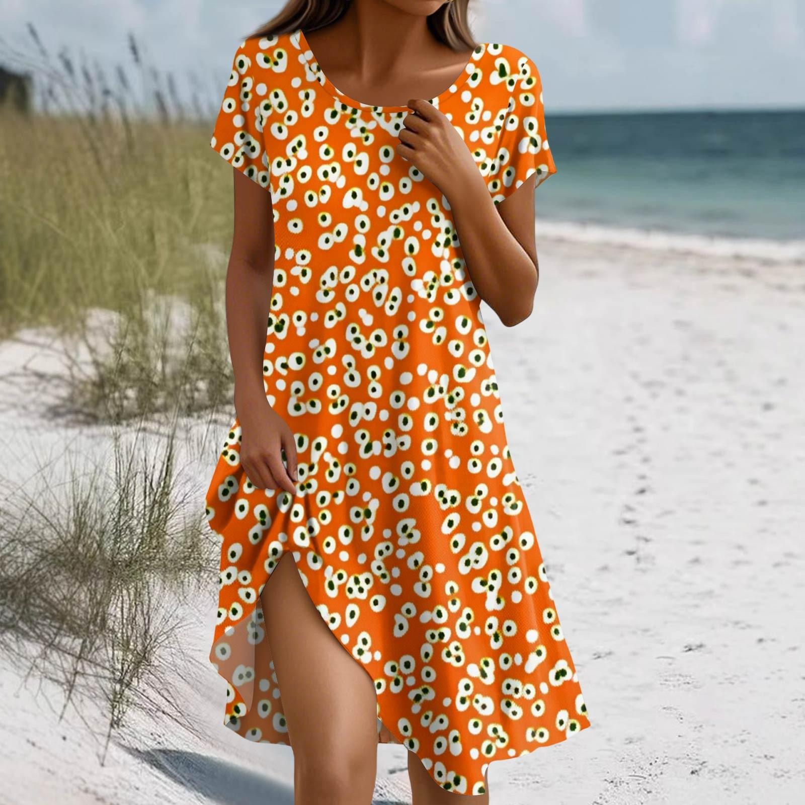 

Женское летнее платье в стиле бохо с коротким рукавом, круглым вырезом, цветочным принтом и карманами XXL оранжевый