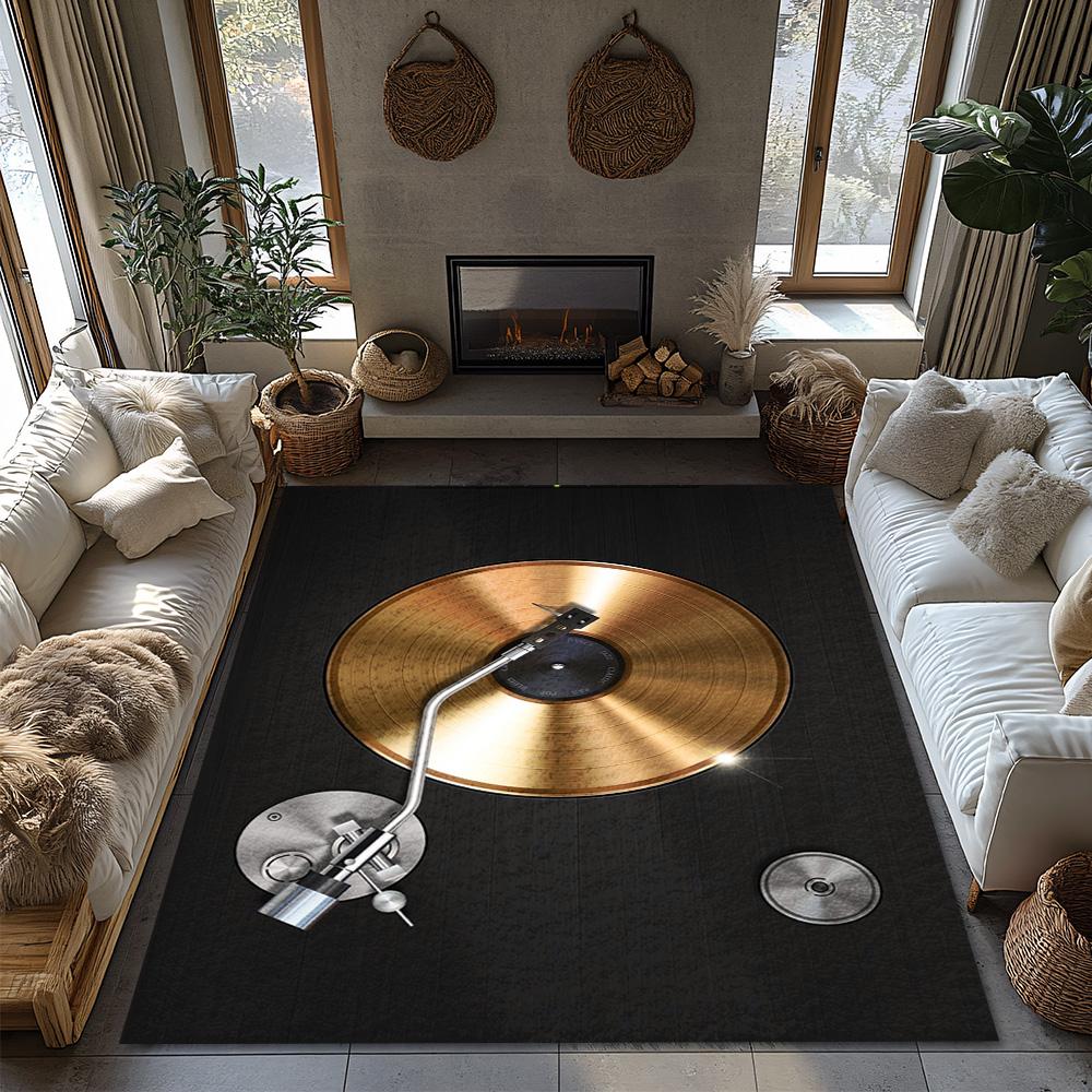 Golden Vinyl Record Rug, Black Music Note Carpet for Living Room, Soft Non-Slip Sofa Mat with Bohemian Decor