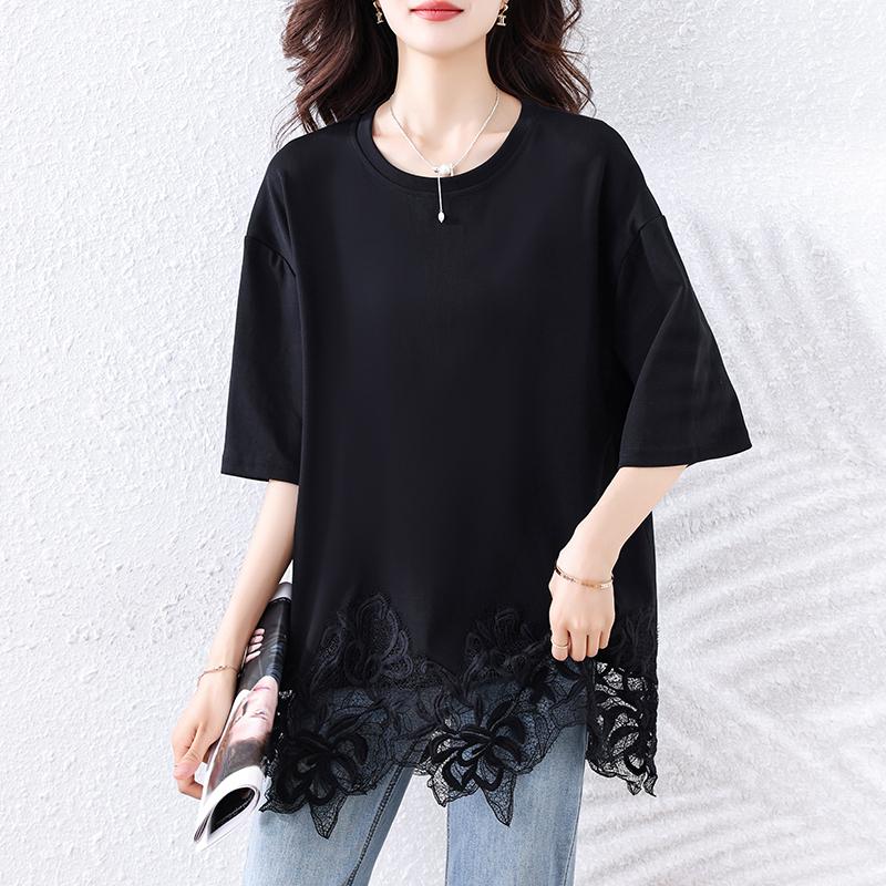 

Dimanaf 2025 Лето Женская Футболка Больших Размеров Базовая Винтажная Оверсайз Модные Кружева Повседневные Свободные Черные Топы Футболки 5XL чёрный