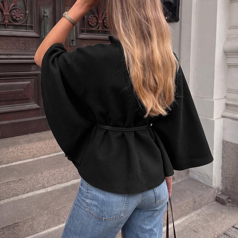 Women S Black Wool Blend Cape Coat Stand Collar Long Sleeve Loose Elegant