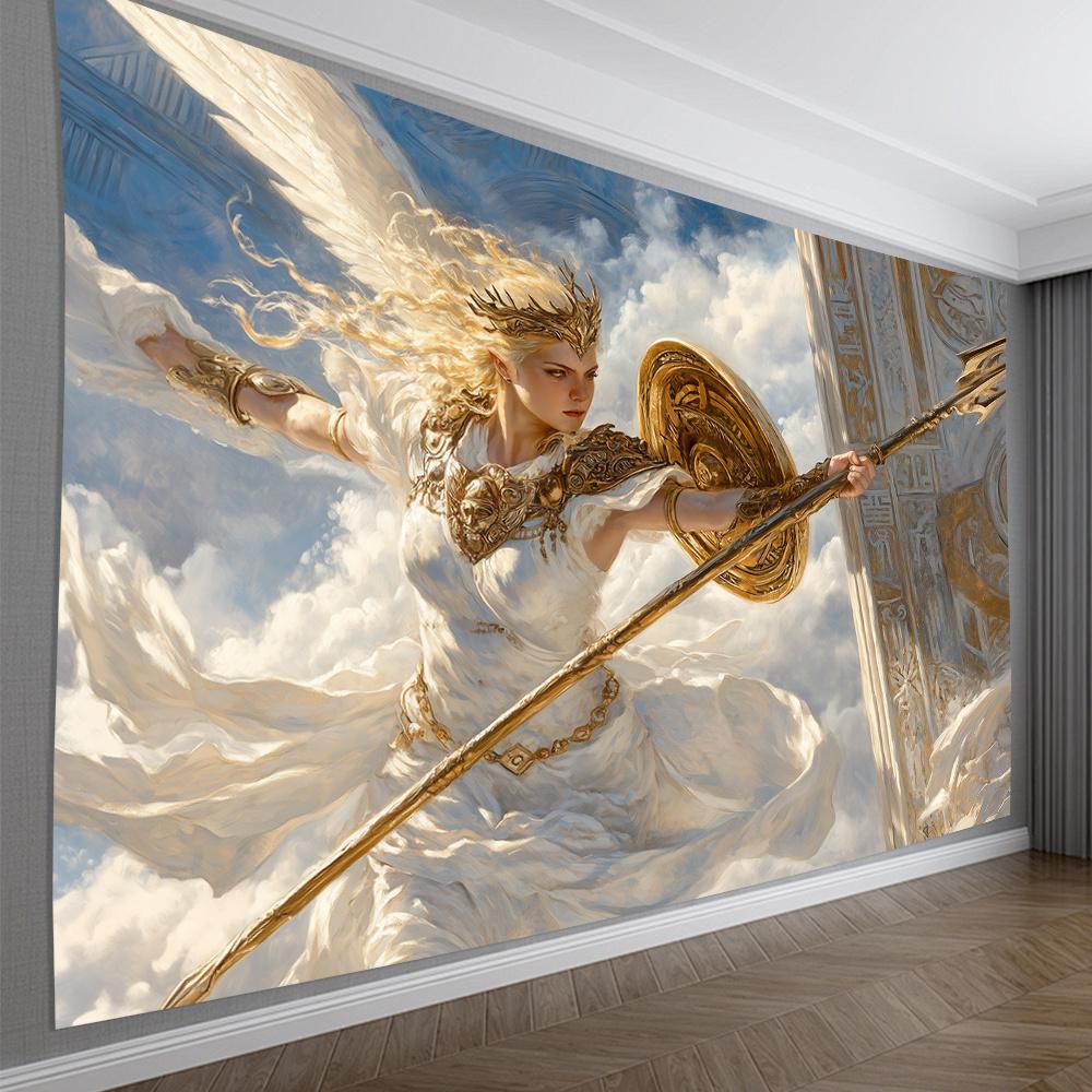 Angel Warrior Tapestry Mythical Goddess Wall Art Divine Armor Fantasy Decor Heavenly Scene Living Room Hanging Print