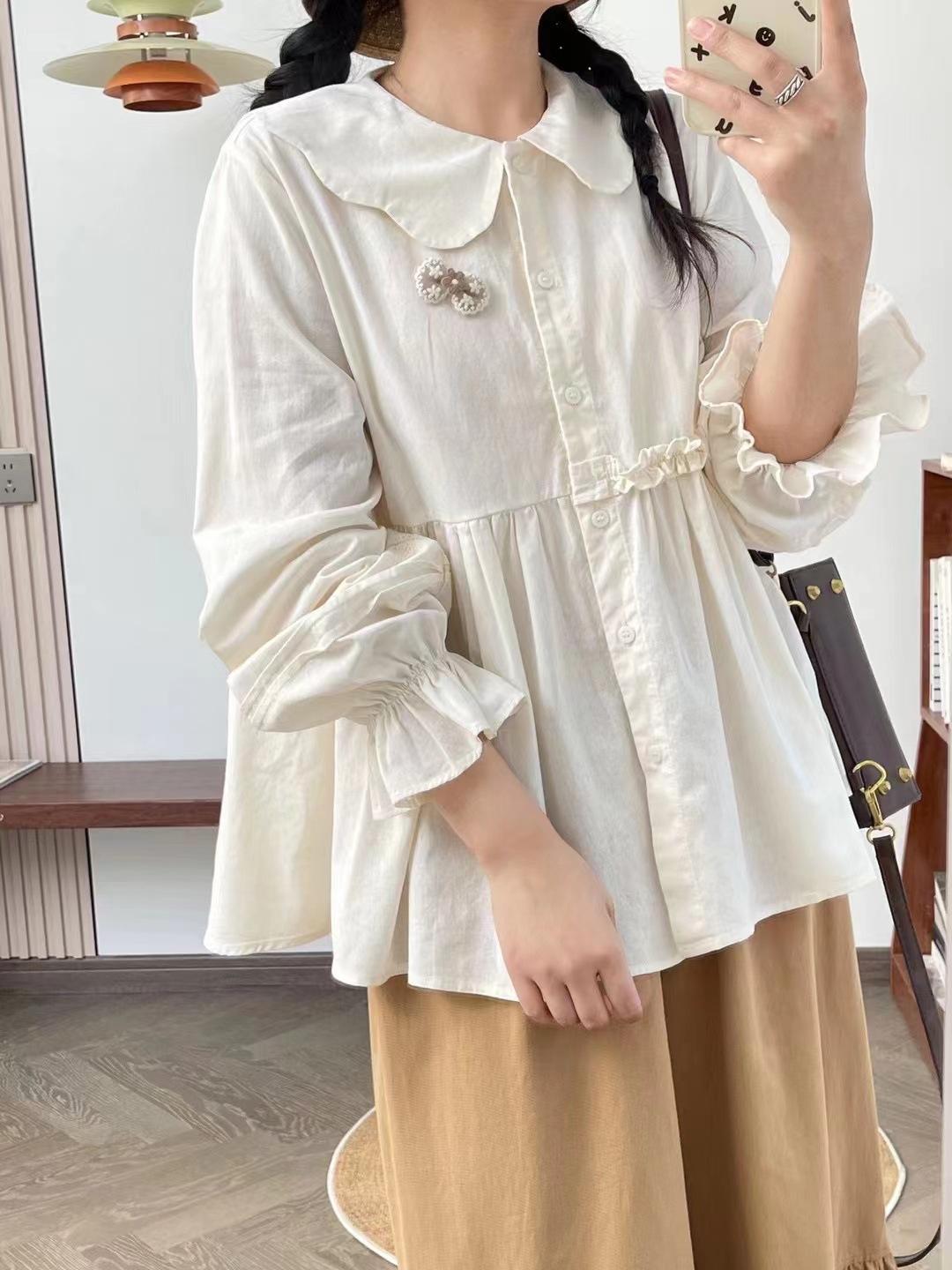 

Johnature Кукольный воротник Хлопковая кукольная рубашка Женская Японская лесная весенняя свободная повседневная верхняя рубашка Женская One Size бежевый