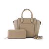 Barcos Rivet Design Shrink Leather 2-Way Handbag & Long Wallet Set with Shoulder Strap, Taupe