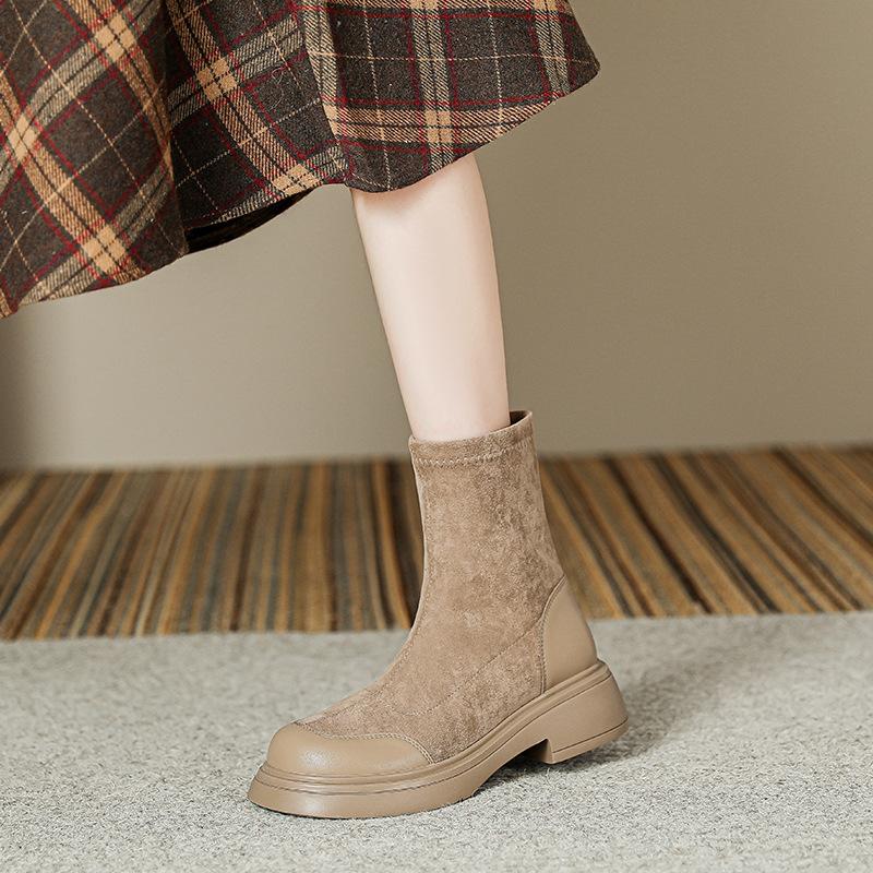 Skinny Korean version round head suede short boots women's socks boots thick-soled muffin bottom elastic thin boots autumn and winter new Martin boots