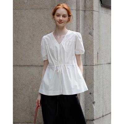 Women's Cotton V-Neck Drawstring Short Sleeve Shirt