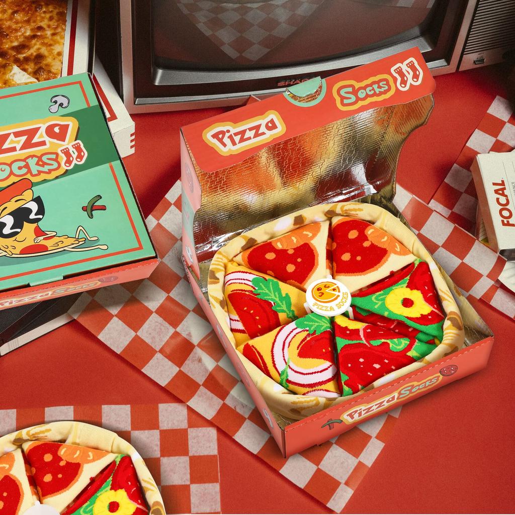 Ponožky v krabici na pizzu Stylový vtipný vánoční dárek k narozeninám Praktický oblíbený dárek pro středoškoláky Vtipné zboží Sada 4 párů [AGRIMONY] Pánské