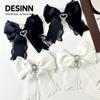 Rhinestone Crystal Ribbon Bow Brooch Polyester Vintage Fabric Bowknot Brooch Memorial Black Jewelry Necktie