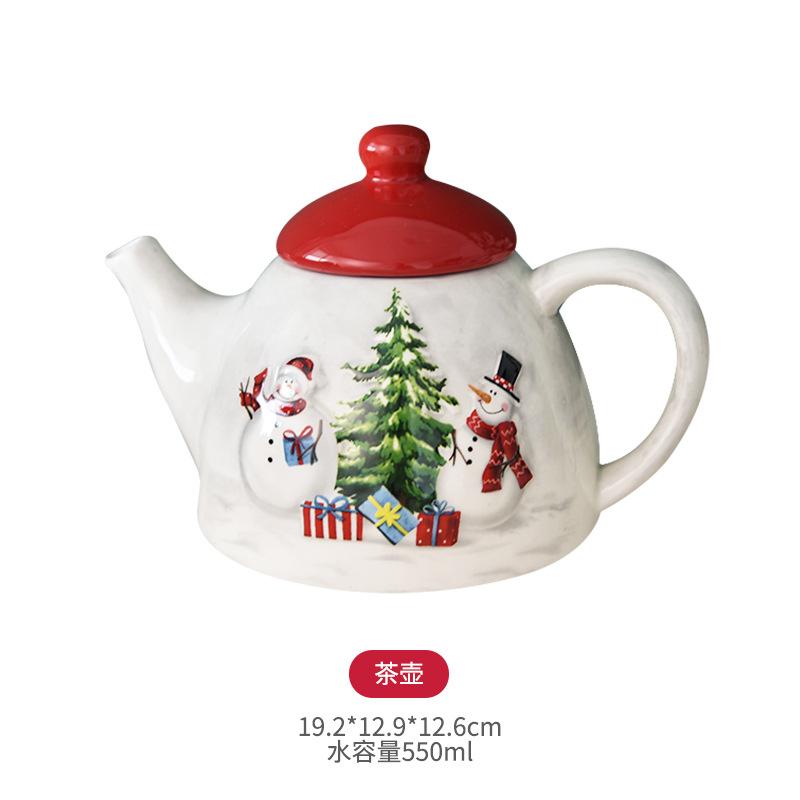 

Nordic Ceramic Relief Christmas Tree Snowman Teapot Creative Country Porcelain Christmas Ornaments Coffee Pot Home Drinkware