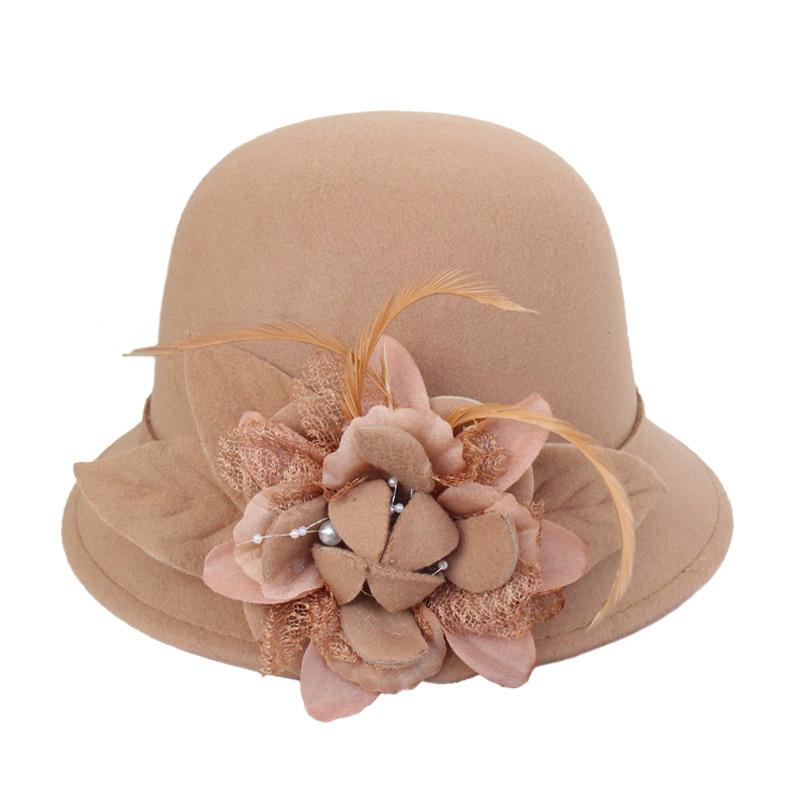 Eimerhut Damen Britisch Retro Feder Blume Woll-Zylinderhut Elegant Promi Filzhut Topfhut