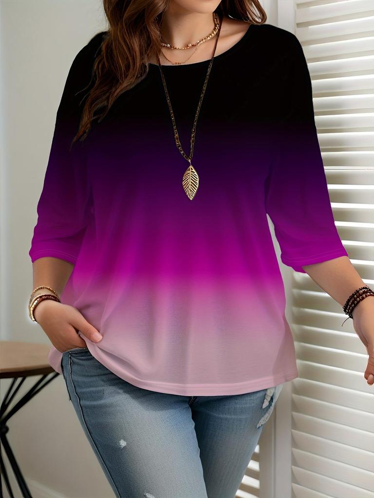 2025 New Gradient Color Women's Casual Round Neck T-shirt - European & American Fashion