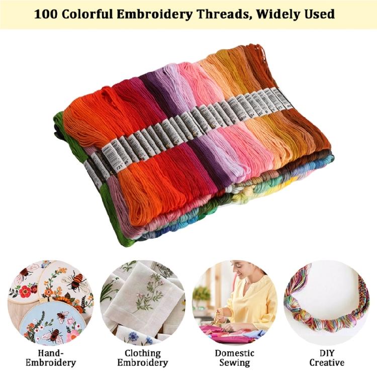 100 Color Craft Thread Set Including Bamboos Hoop Knitting Tool for Creative Activity