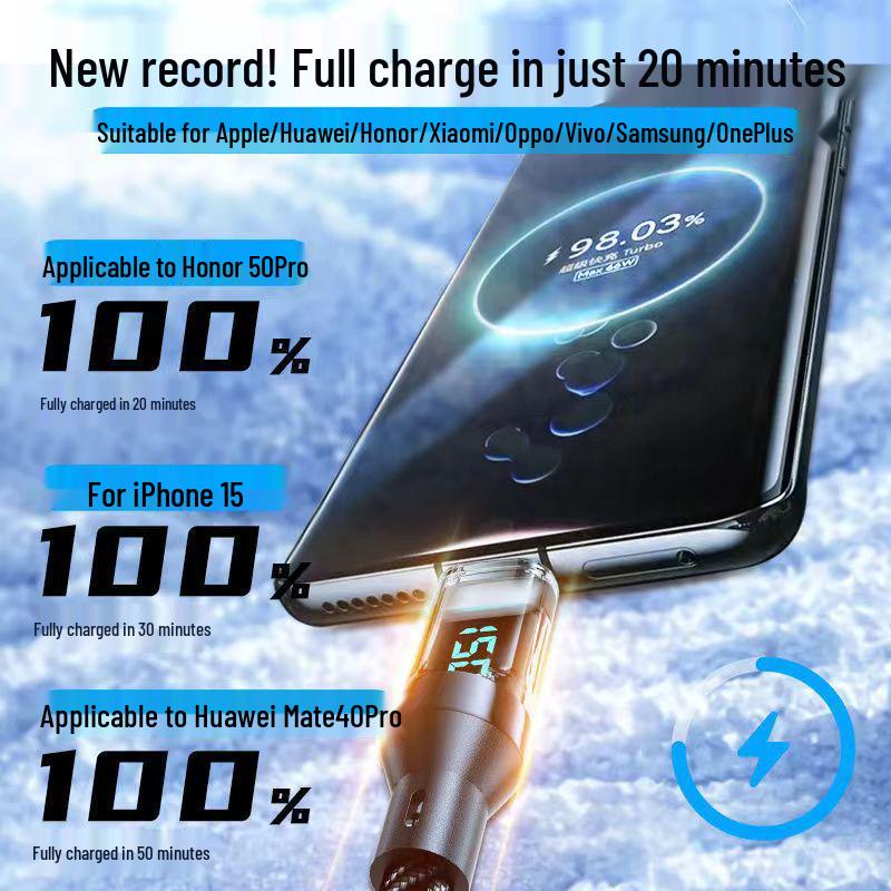 120W Dual Type-C 6A Super Fast Charging Cable with Digital Display for Apple, Huawei, Honor