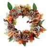 New Artificial Wreath Fall Maple Leaves Wreath with Decorative Pine Cone Red Berry Front Door Wreath Christmas Floral Rattan Garland