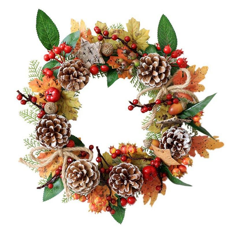 New Artificial Wreath Fall Maple Leaves Wreath with Decorative Pine Cone Red Berry Front Door Wreath Christmas Floral Rattan Garland