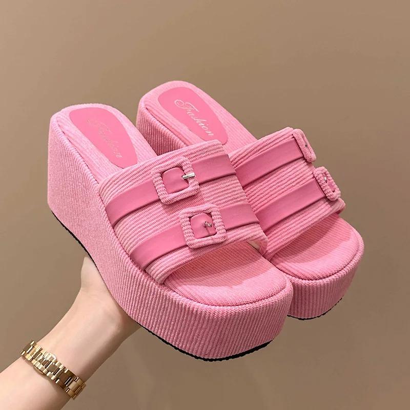 Small Fragrant Style Fashionable Slop Heel Beach Slippers  Small Buckle Roman