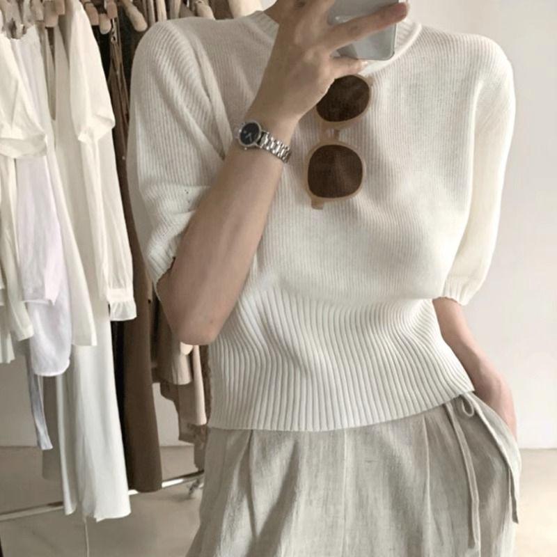 Women's High-End Soft Gray Knitwear: Bubble Sleeve Fitted Round Neck Short Sleeve Sweater for Autumn/Spring