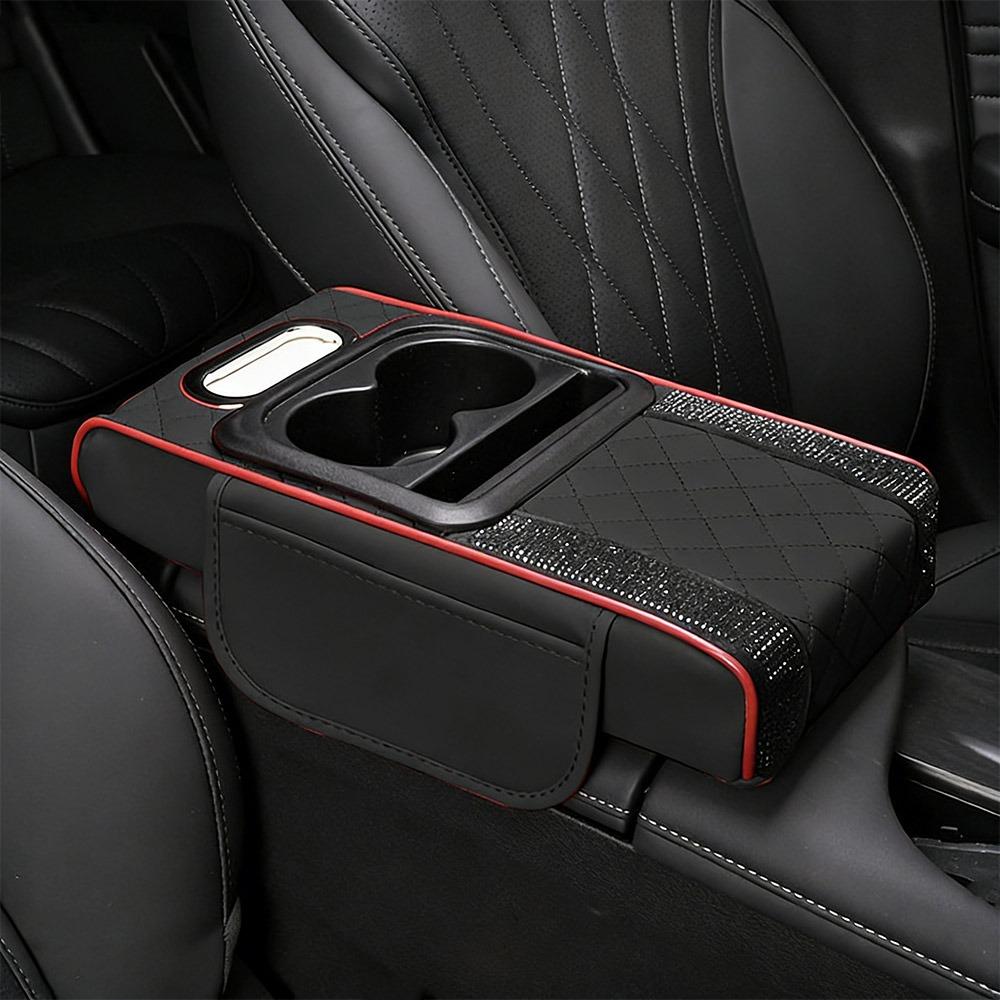 PU Leather Center Console Armrest Cushion with Cup Holder Tissue Box Height Increasing Car Armrest Pillow Multifunctional