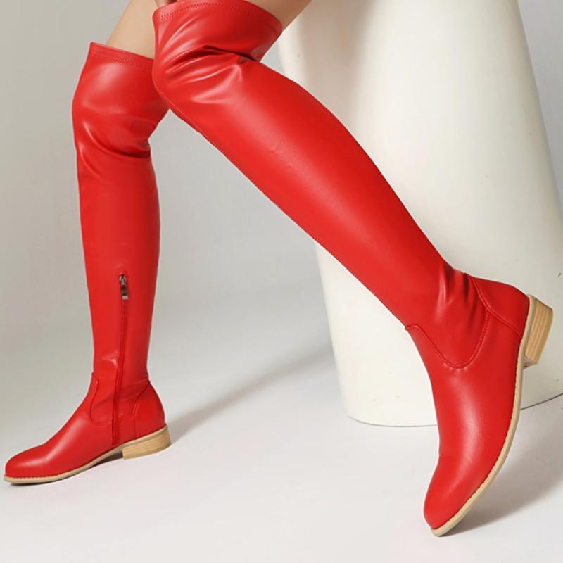 Women's Thigh High Boots 2025 Low Heels Over-the-knee Boot Black Red White Long Footwear Shoes Ladies Large Size 48 Water-proof