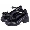 Fashion Classic Round-Toe Mary Jane Pumps French Style Butterfly Knot with Pearl Embellishments and Thick Sole Solid Colors Versatile