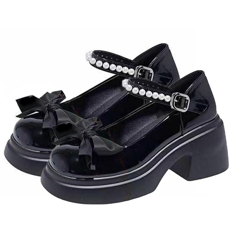 Fashion Classic Round-Toe Mary Jane Pumps French Style Butterfly Knot with Pearl Embellishments and Thick Sole Solid Colors Versatile