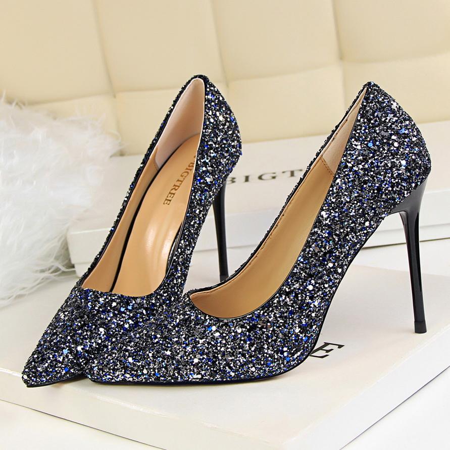 Fashion 2025 Women 9.5cm High Heels Plus Size 43 Stripper Glitter Scarpins Luxury Pumps Stiletto Wedding Bridal Gold Silver Fetish Shoes