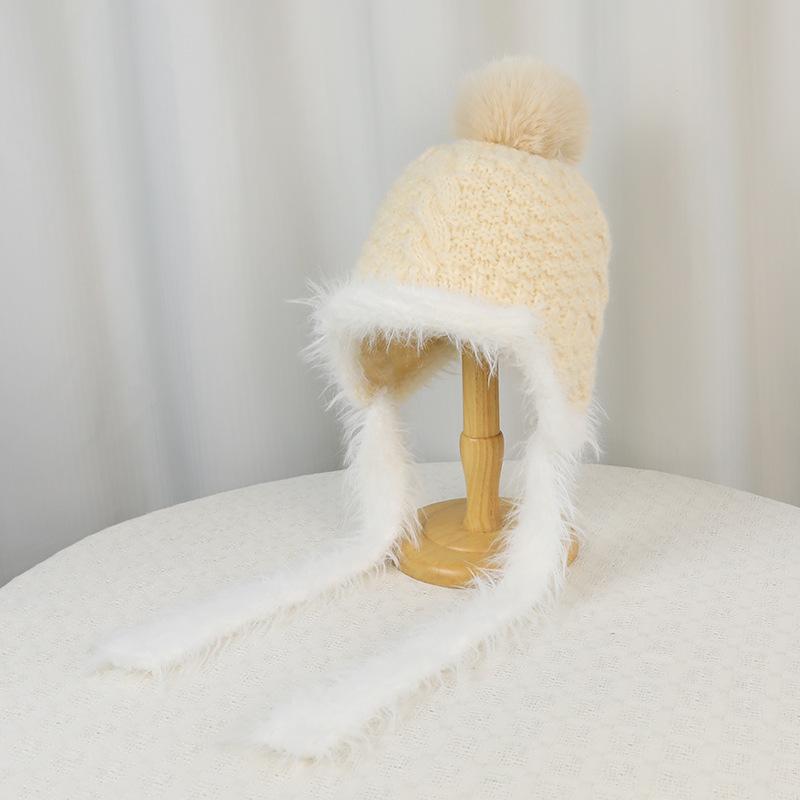 Fluffy Knit Trapper Hat Women Winter Warm Ear Flap Beanie with Pom Pom Soft Furry Ski Cap