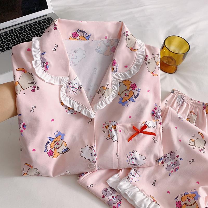 Imitation Cotton Pajamas Women'S Spring And Autumn Cartoon Paradise Lotus Leaf Edge Long-Sleeved Loungewear Real Shot