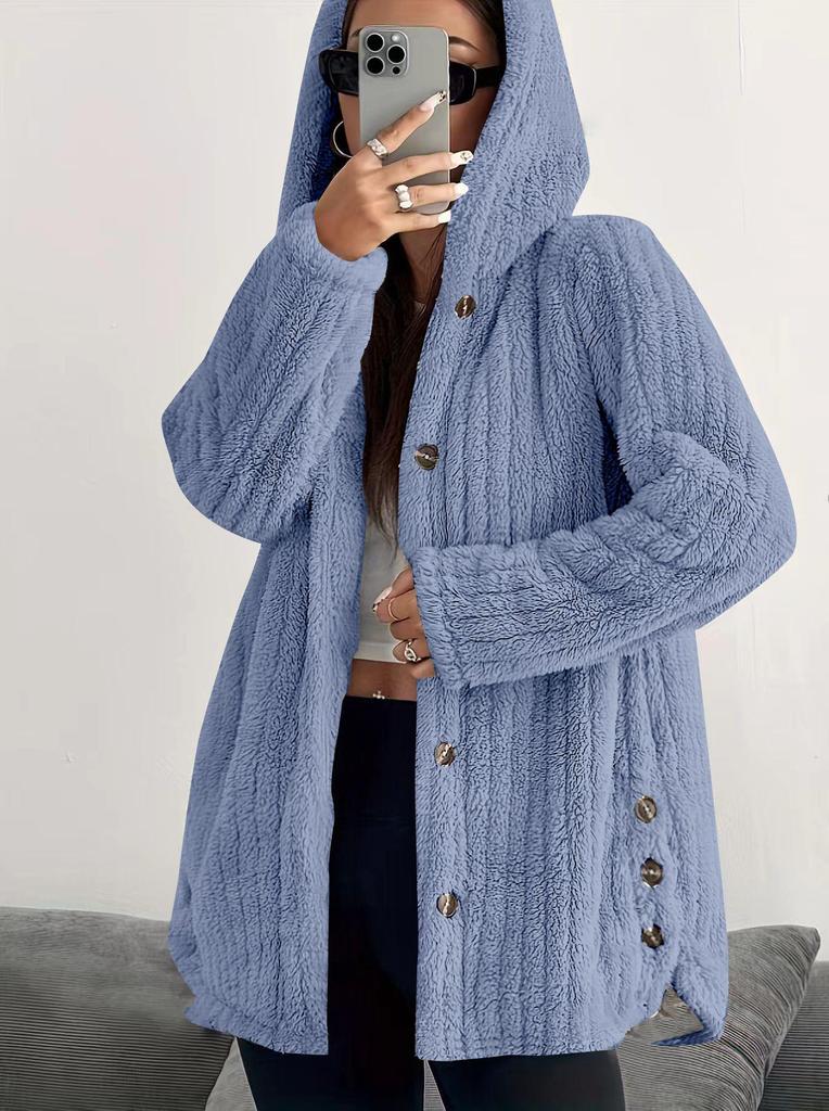 Cappotto di Peluche Morbido da Donna Autunno/Inverno 2025 Europa, Colore Unito, Manica Lunga, con Cappuccio, Vestibilità Larga