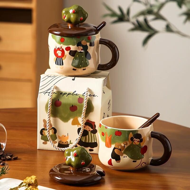 MOZHOU Apple Tree Ceramic Mug with Lid & Spoon