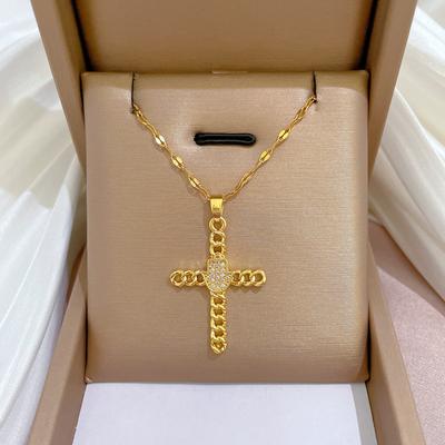 Titanium Steel Light Luxury Cross Palm Full Of Zirconium Inlaid With Real Gold Necklace Women'S Transfer Collarbone Chain With Jewelry