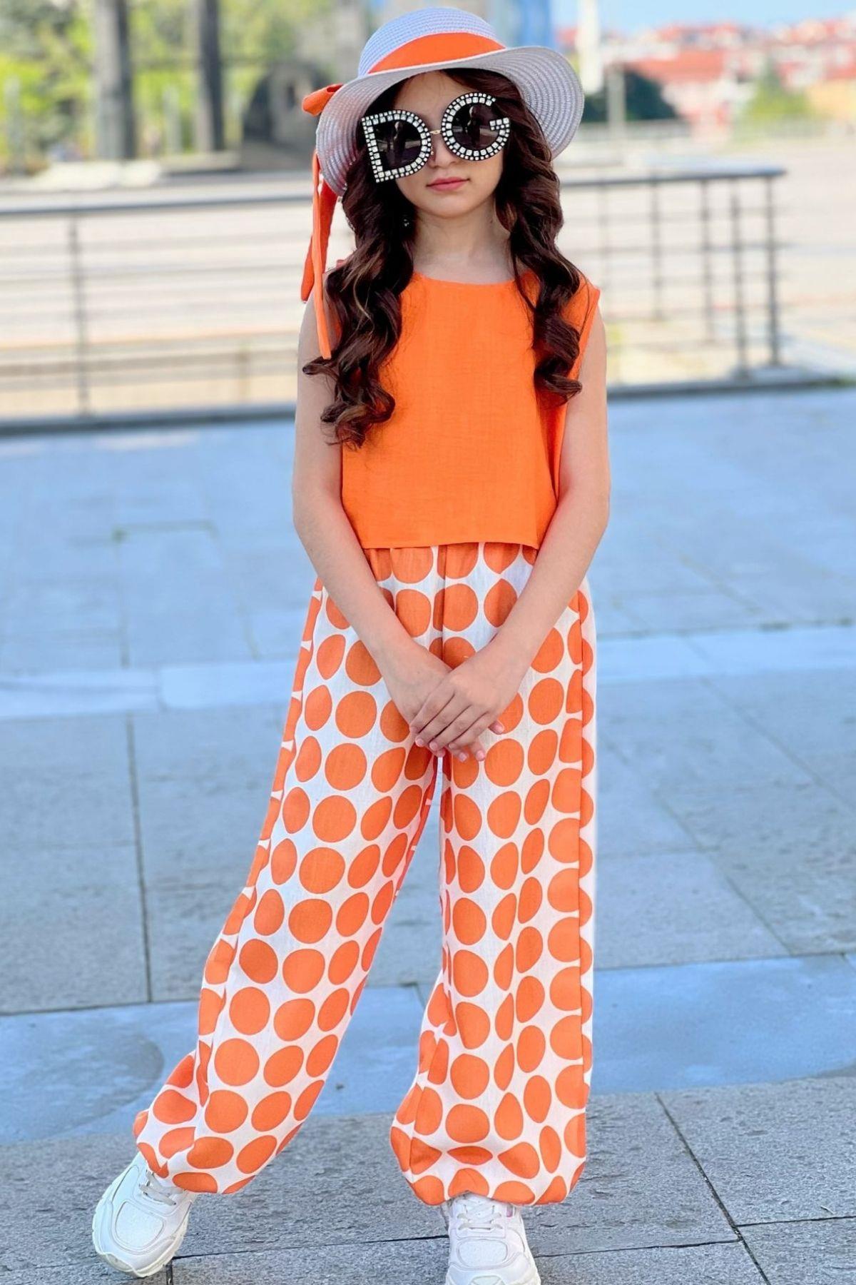 

Girl s Crew Neck Sleeveless Back Tie Detailed Polka Dot Orange Bottom Top Set