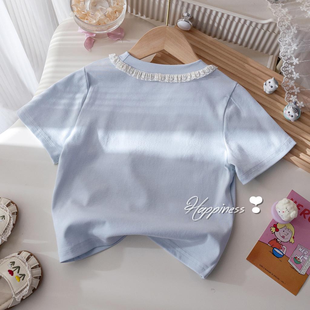 Girls Summer 2 Piece Outfit Short Sleeve Round Neck T Shirt With Lace Tiered Cake Skirt Stylish Kids Clothing Set