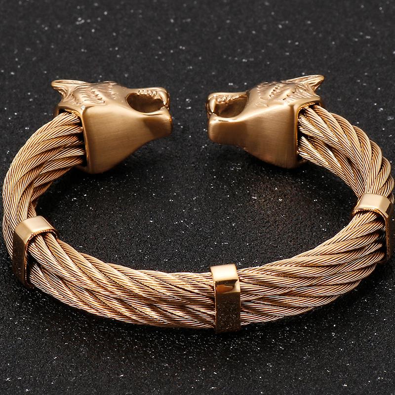Gotisch Goldfarbe Edelstahl Wolf Löwenkopf Offener Armreif Manschettenarmband für Mann Herren Männlich am Handgelenk Schmuck Zubehör