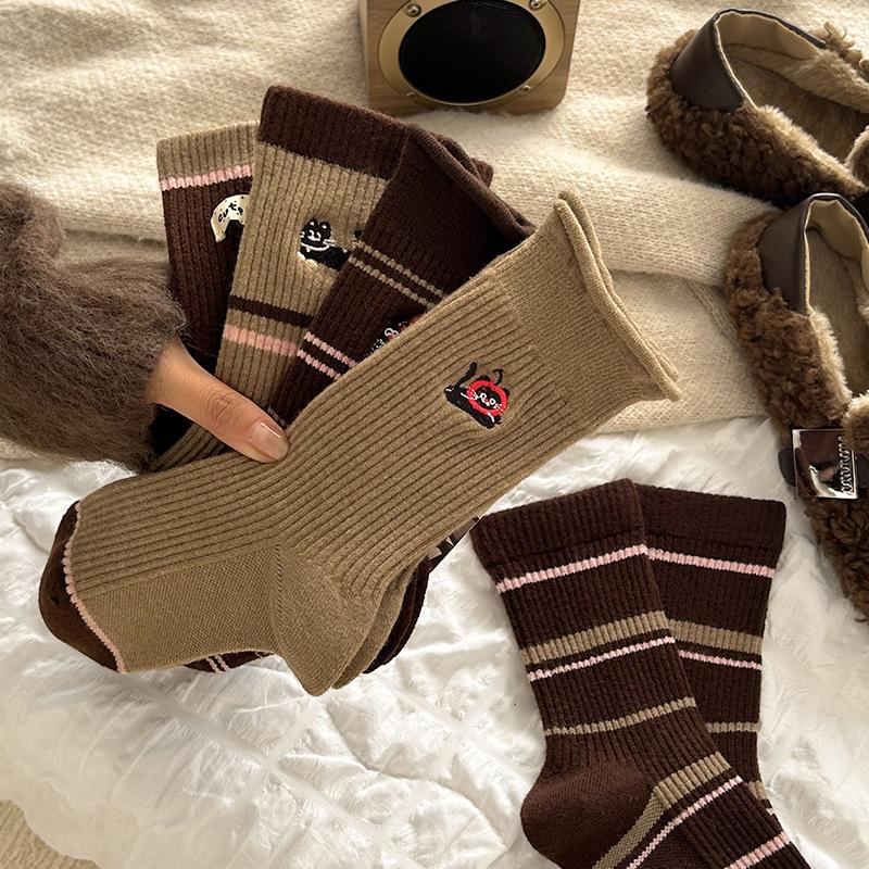 Women's Mid-calf Socks for Autumn and Winter, Warm Long Calf Socks, Retro Coffee-colored Long Socks with Stripes, Versatile and Casual for Women